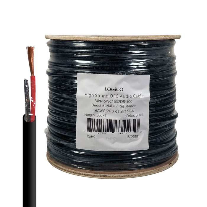 Logico 16/2 AWG Indoor Outdoor Direct Burial Speaker Wire Audio Cable UV Black 500ft