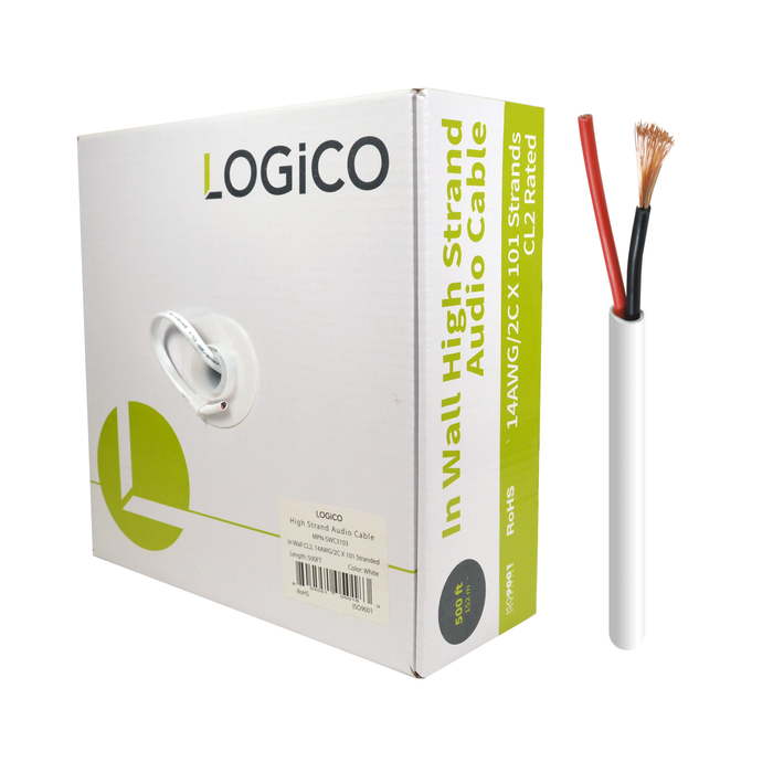 Logico 14/2 Audio Speaker Wire CL2 In-Wall 14 AWG 2 Conductor Bulk Cable 500ft