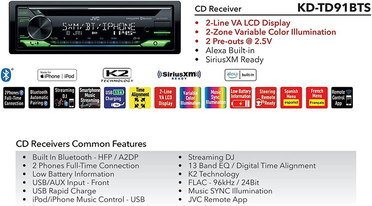 JVC KD-TD91BTS Single Din In-Dash Digital AM/FM/CD/BT/USB Receiver with Alexa & Spotify