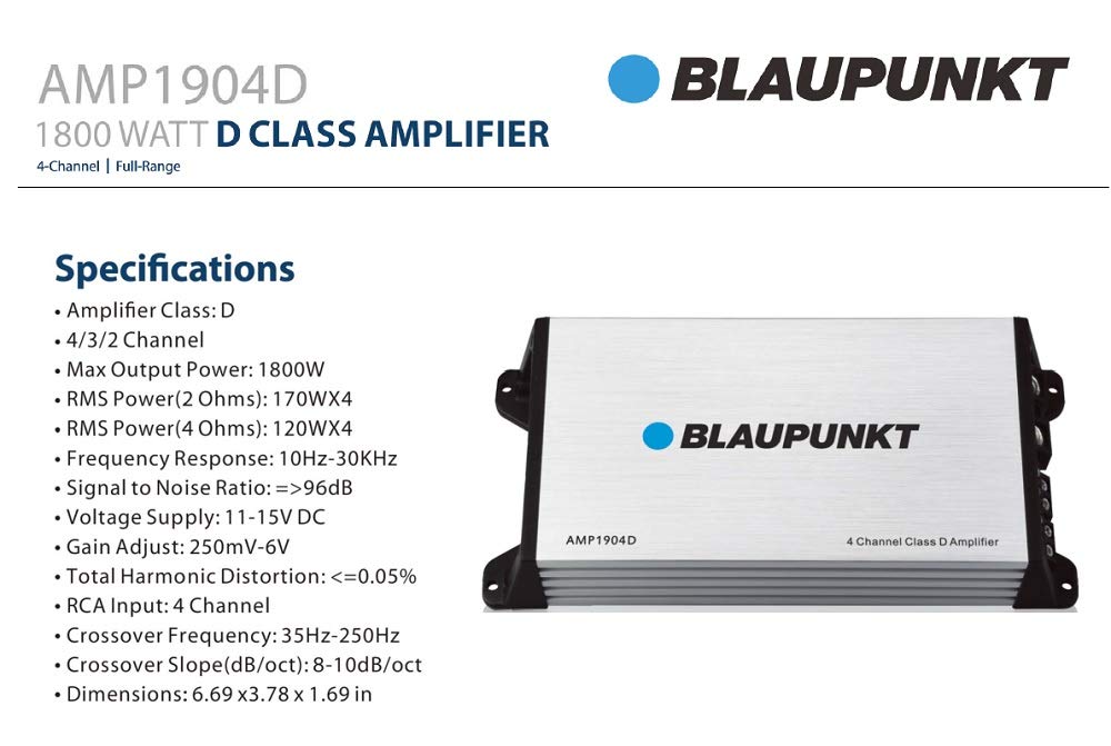 Blaupunkt AMP1904D Class D 4-Channel 1800 Watts Max Power Car Speaker Amplifier