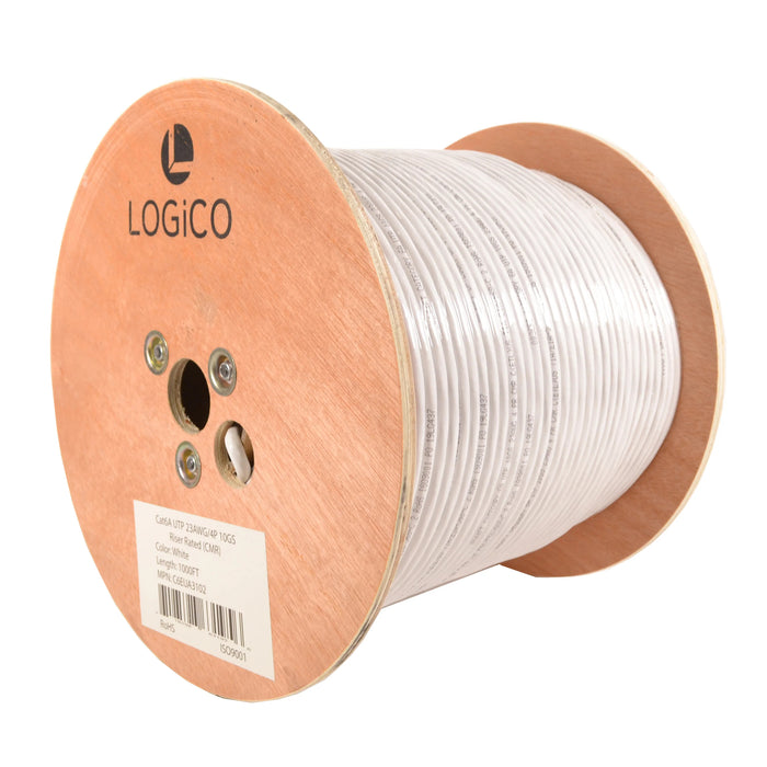 Logico Cat6A UTP 1000ft Bulk Ethernet Network Cable 10G 23AWG Solid Wire Riser White