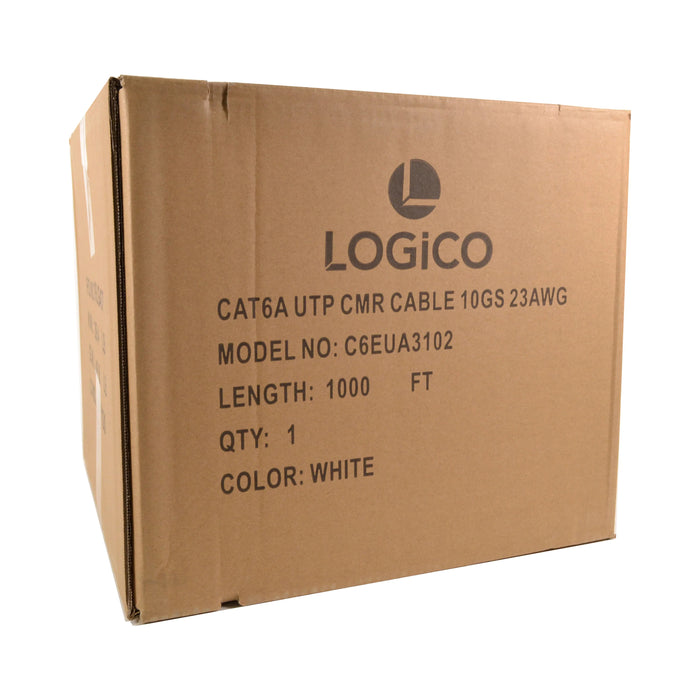 Logico Cat6A UTP 1000ft Bulk Ethernet Network Cable 10G 23AWG Solid Wire Riser White