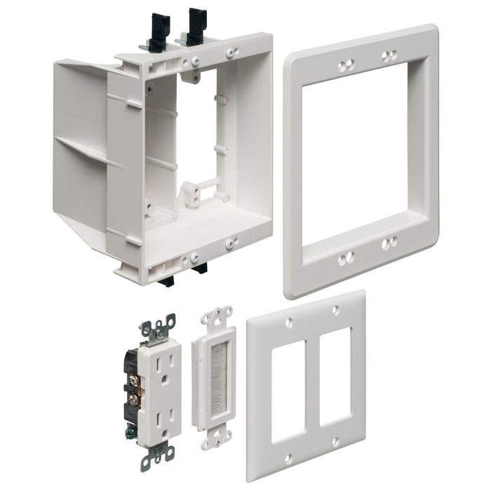 Arlington TVBU505K 2-Gang TV Box Recessed Outlet Wall Plate Kit with Receptacle and Brush-Style Entry Device