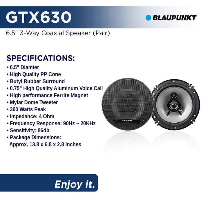 Blaupunkt GTX630 GTX Series 6.5" 300 Watt Max 3-Way Coaxial Speakers (pair)