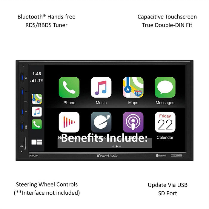 Planet Audio P70CPA 2DIN6.75 Inch Bluetooth Apple CarPlay Android Auto Digital Media Receiver