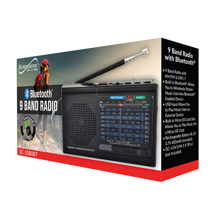 Supersonic SC-1080BT Black Rechargeable 9 Band AM/FM Bluetooth Radio