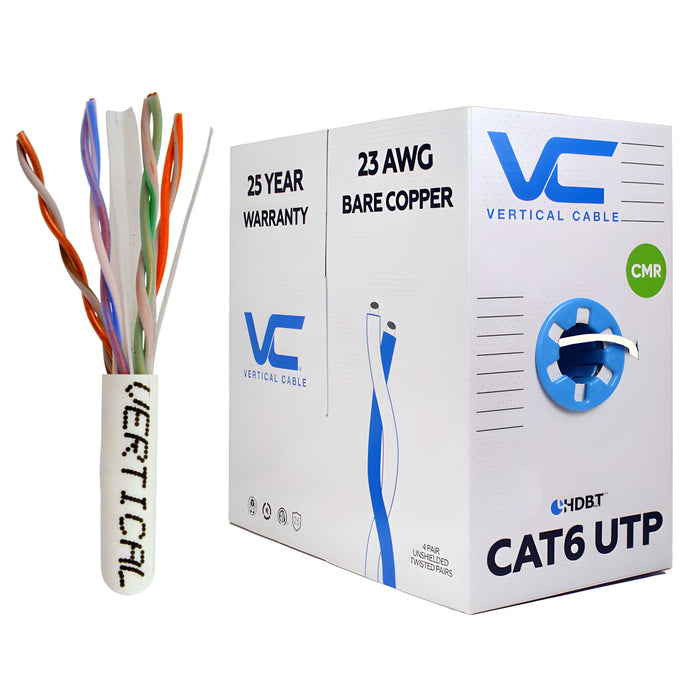 1000ft Bulk CAT6 23AWG UTP 8C CMR Bare Copper Unshielded 550MHz Ethernet Cable - White
