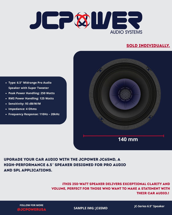 JCPower JC65MD 6.5″ 250 Watt 4 Ohms Pro Car Audio Coaxial Loudspeaker (Each)