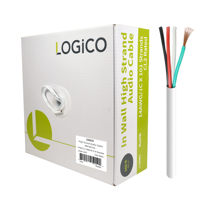 Logico 14/4 Audio Speaker Wire CL2 In-Wall 14 AWG 4 Conductor Bulk Cable 250ft
