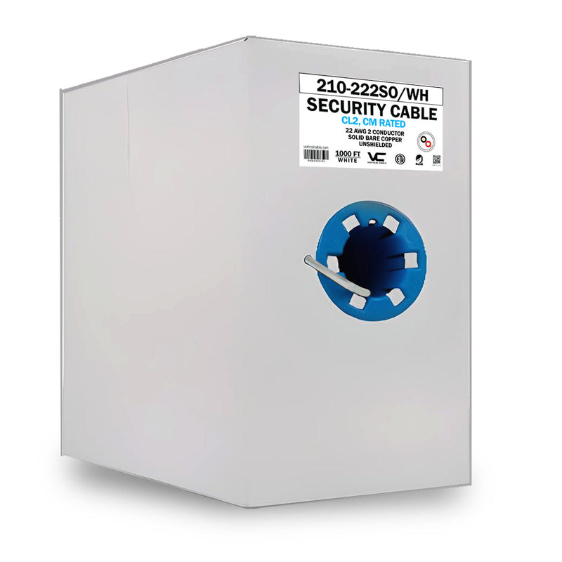 Vertical Cable 210-222SO/WH Alarm-Security Cable Solid Unshielded 22AWG 2 Conductor 1000ft Pull Box, White