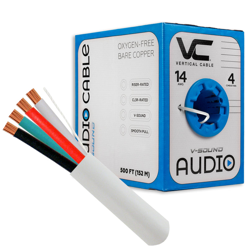 Audio Cable 14 AWG 4 Conductors 41 Strand 500 Feet CL3 PVC Bare Copper OFC White