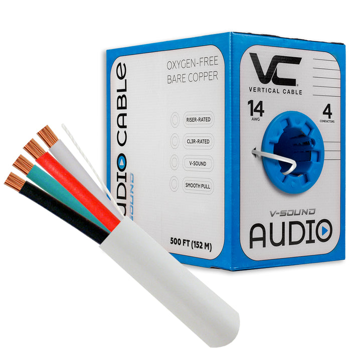 Audio Cable 14 AWG 4 Conductors 41 Strand 500 Feet CL3 PVC Bare Copper OFC White