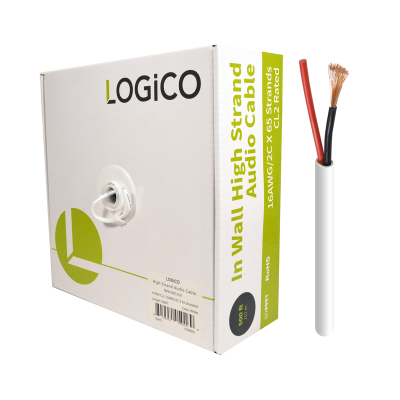 Logico SWC3101 16/2 In-Wall Audio Cable Stranded Unshielded CL2 16AWG 2C Speaker Wire 500ft