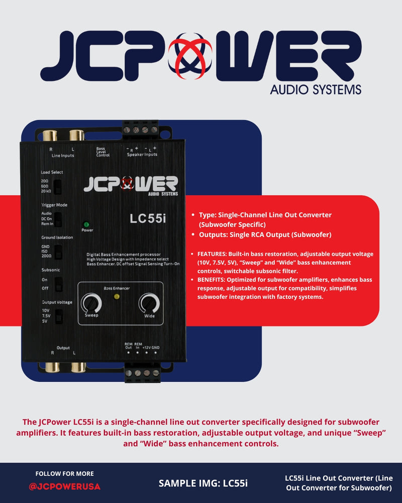 JCPower LC55i Line-Out Converter for Subwoofer & Bass Restoration Processor Car Audio