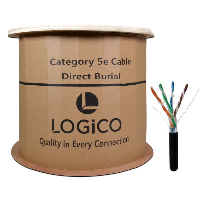 Logico Cat5e Outdoor Shielded Solid Bare Copper Gel Flooded Ethernet Network Cable 1000FT - Black Direct Burial