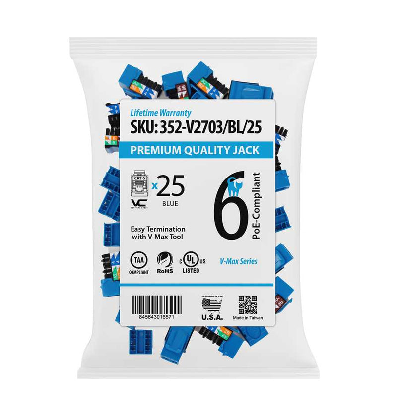 Vertical Cable 352-V2703/BL/25 CAT6 RJ45 Keystone Jack V-Max Series Unshielded - Blue (25 pack)