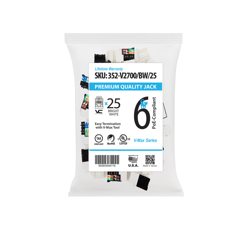 Vertical Cable 352-V2700/BW/25 CAT6 RJ45 Keystone Jack V-Max Series Unshielded - White (25 pack)