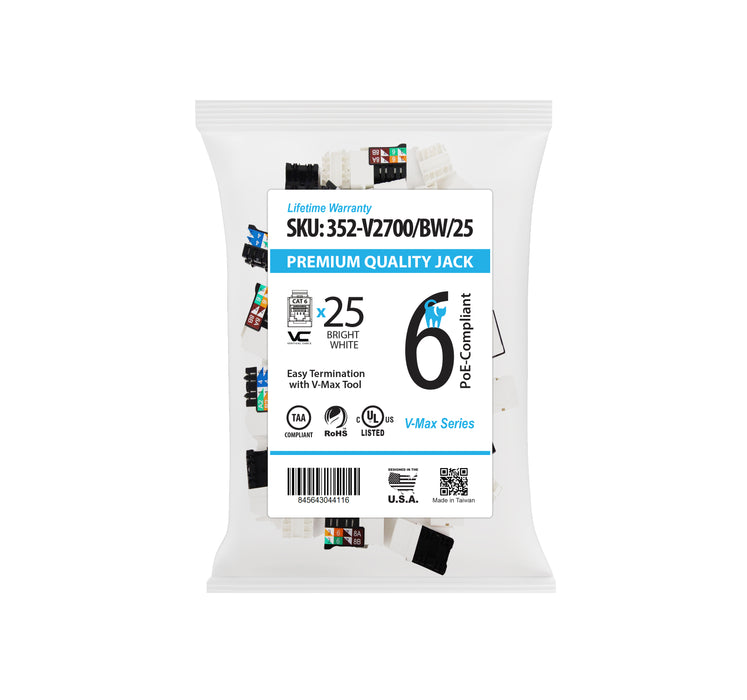 Vertical Cable 352-V2700/BW/25 CAT6 RJ45 Keystone Jack V-Max Series Unshielded - White (25 pack)