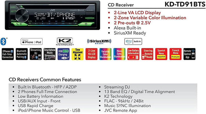JVC KD-TD91BTS Single Din In-Dash Digital AM/FM/CD/BT/USB Receiver with Alexa & Spotify