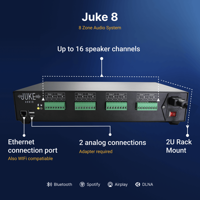 Juke Audio Juke-8 Audio Amplifier 8 Zone Wireless Audio System Compatible with Airplay 2, Bluetooth