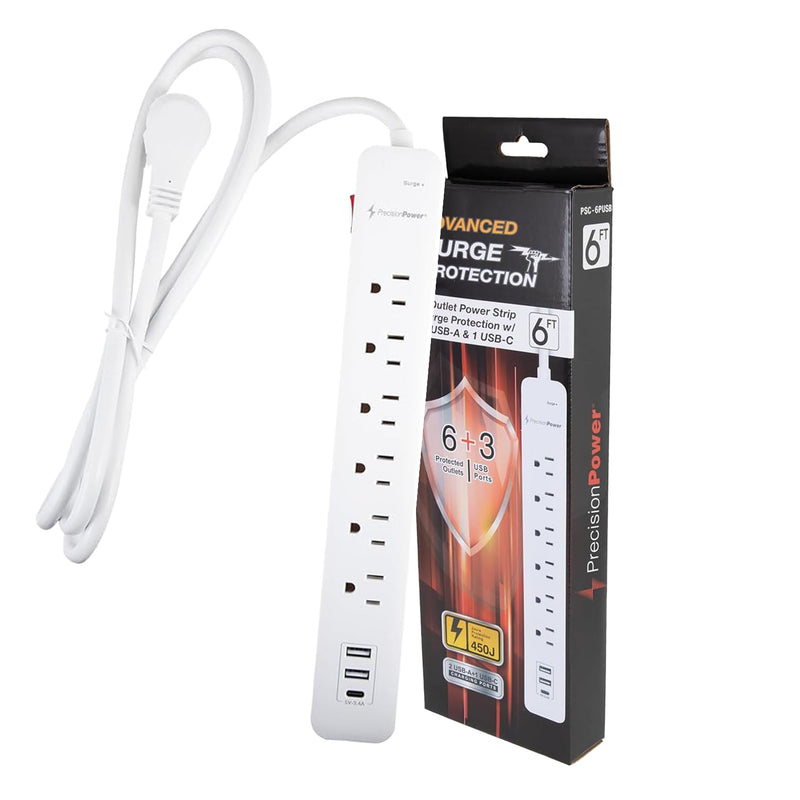 6-Outlet Surge Protector Power Strip 6FT Cord with 2 USB-A & USB-C Charging Ports 1875J