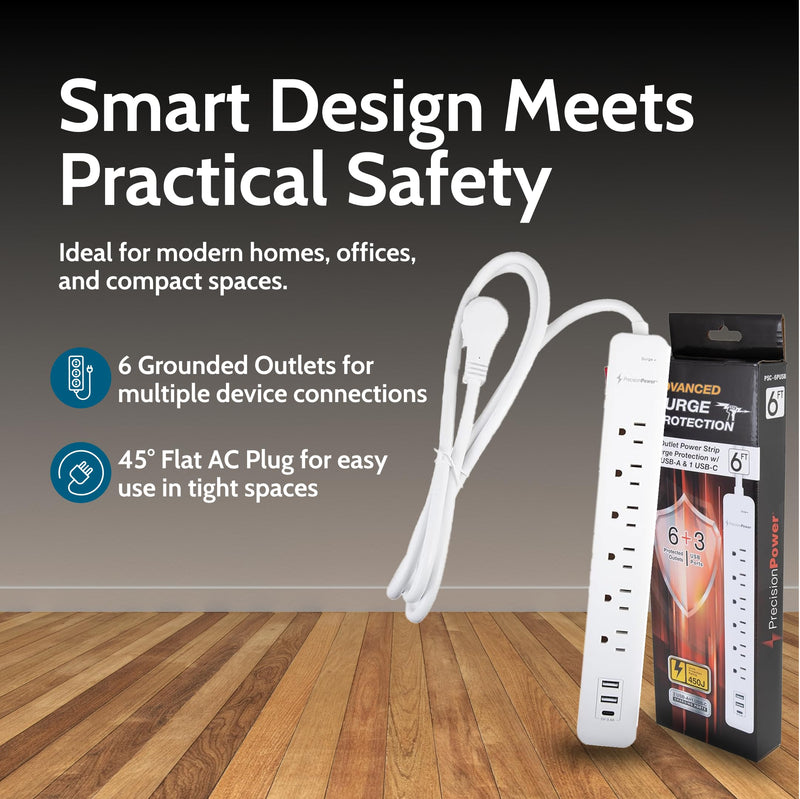 6-Outlet Surge Protector Power Strip 6FT Cord with 2 USB-A & USB-C Charging Ports 1875J