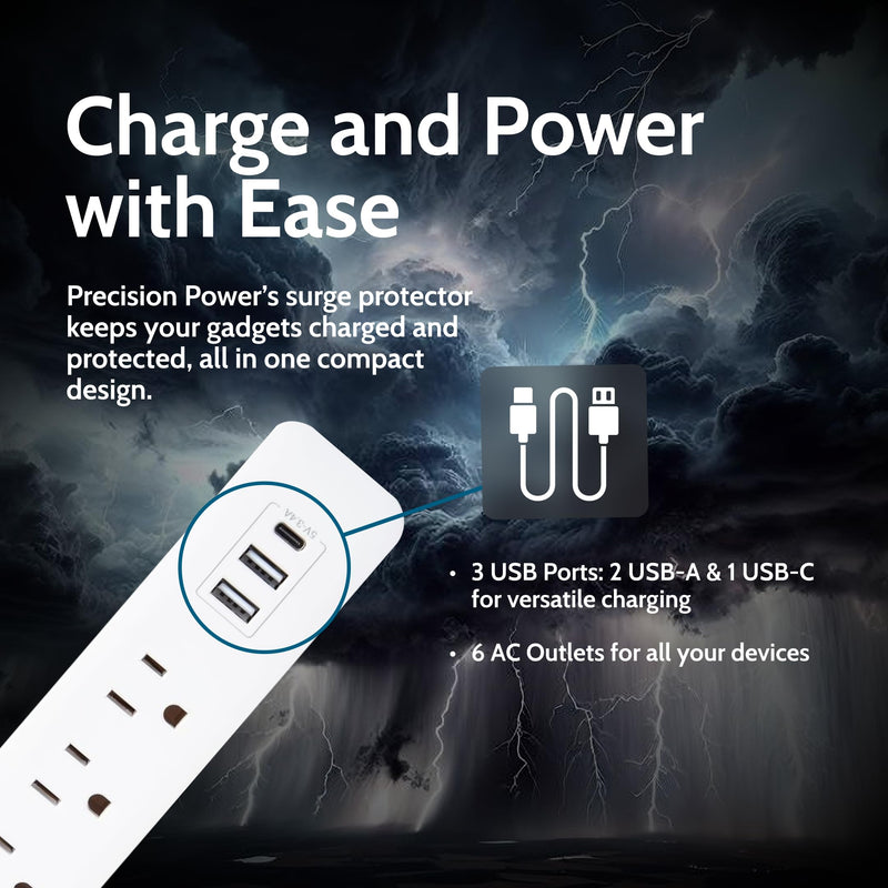 6-Outlet Surge Protector Power Strip 6FT Cord with 2 USB-A & USB-C Charging Ports 1875J