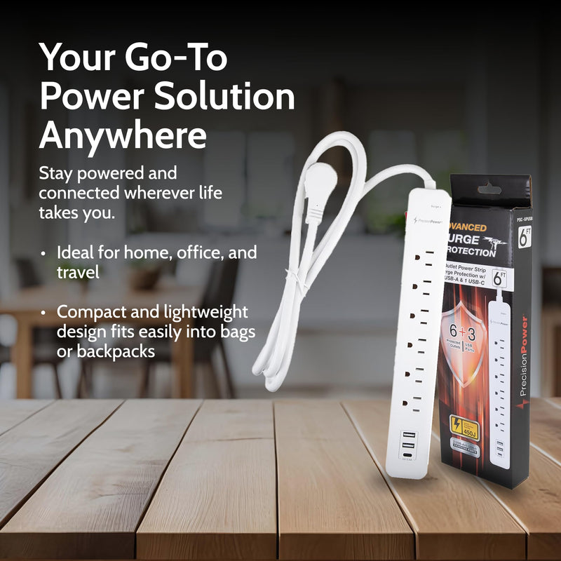 6-Outlet Surge Protector Power Strip 6FT Cord with 2 USB-A & USB-C Charging Ports 1875J