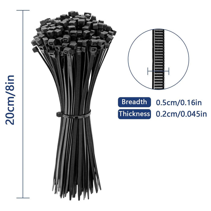 8" Black Zip Ties Cable Nylon Wrap 40 lbs Tensile Strength for Indoor Outdoor
