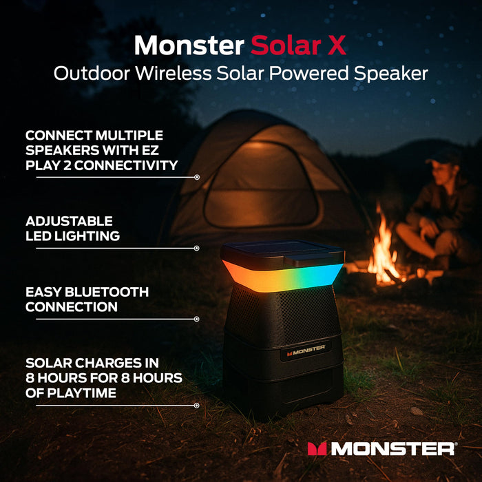 Monster Solar X Solar Powered Portable Bluetooth Speaker with 360 Degree Sound LED Lights