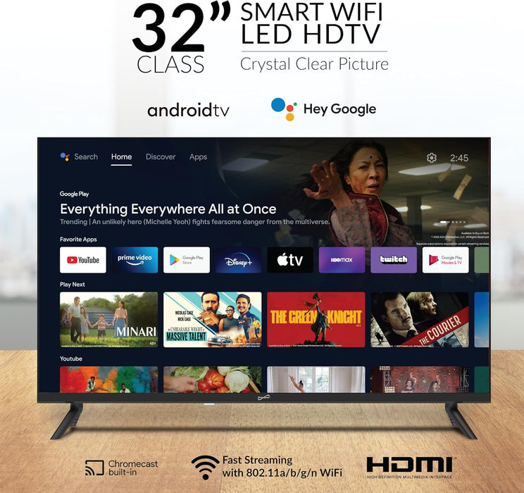 Supersonic SC-3250GTV 32 inch Smart Google FHD DLED TV 1080p HDMI Wi-Fi Bluetooth