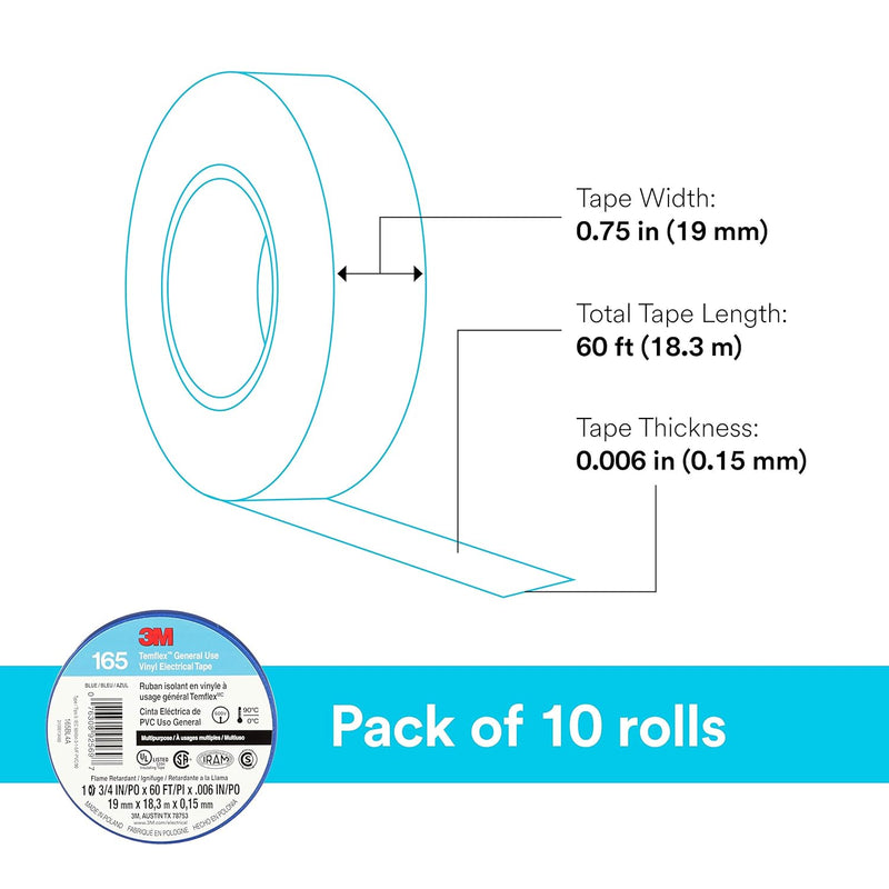 3M Temflex Multi-Purpose Vinyl Electrical Tape 165, Blue, 3/4 in x 60 ft , 10 Roll Pack