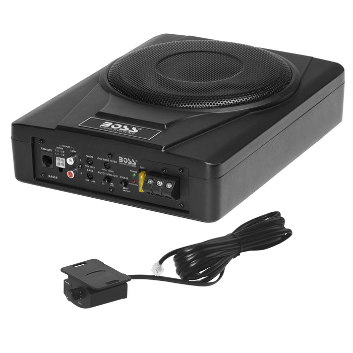 BOSS Audio BASS8 Low Profile Under Seat Powered Car Subwoofer and Install Bay AK8OFC 8 Gauge OFC Complete Amplifier Installation Kit