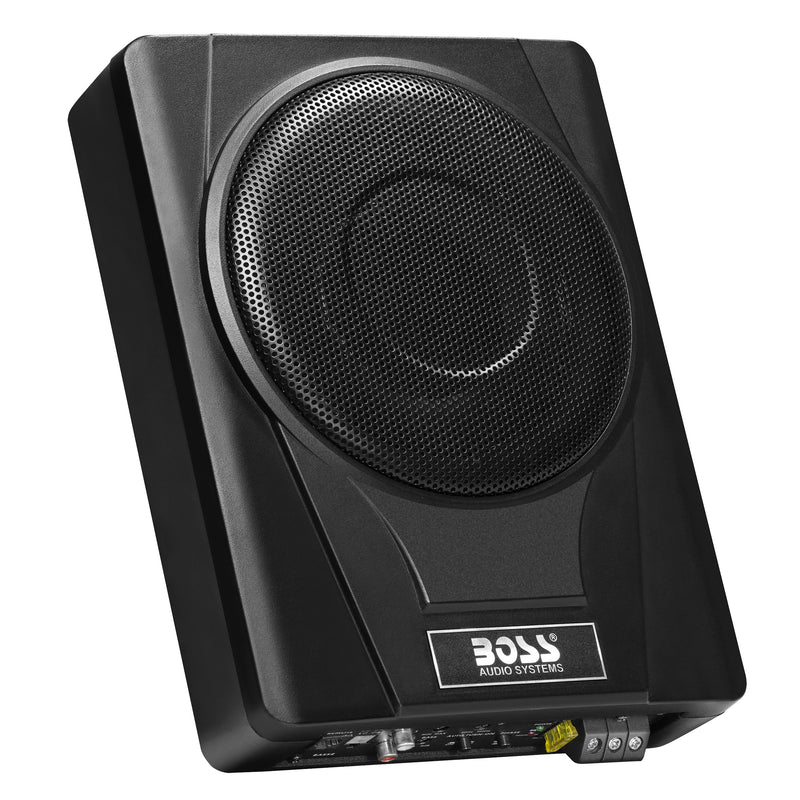 BOSS Audio BASS8 Low Profile Under Seat Powered Car Subwoofer and Install Bay AK8OFC 8 Gauge OFC Complete Amplifier Installation Kit