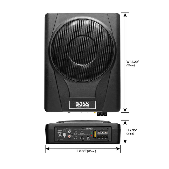 BOSS Audio BASS8 Low Profile Under Seat Powered Car Subwoofer and Install Bay AK8OFC 8 Gauge OFC Complete Amplifier Installation Kit