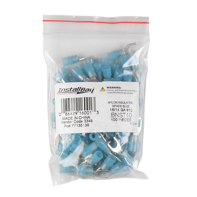 Install Bay BNST10  Blue Nylon Spade Terminals 16-14 Gauge #10 Stud - 100-Pack