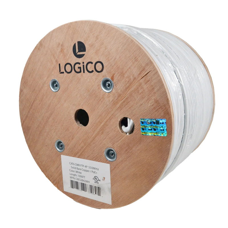 Logico 1000ft Cat6 FTP Shielded Riser CMR 550Mhz Pure Copper Bulk Ethernet Cable White