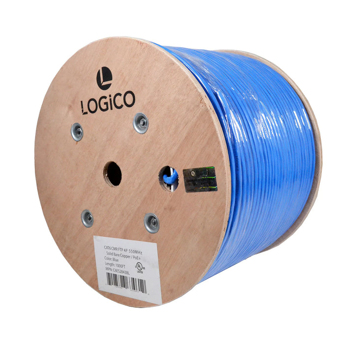 Logico 1000ft Cat6 FTP Shielded Riser CMR 550Mhz Pure Copper Bulk Ethernet Cable, Blue