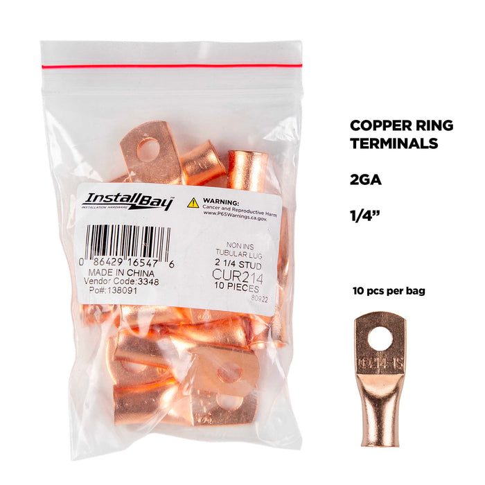 The Install Bay CUR214 Copper 2 Gauge 1/4" Ring Terminal (10/pack)