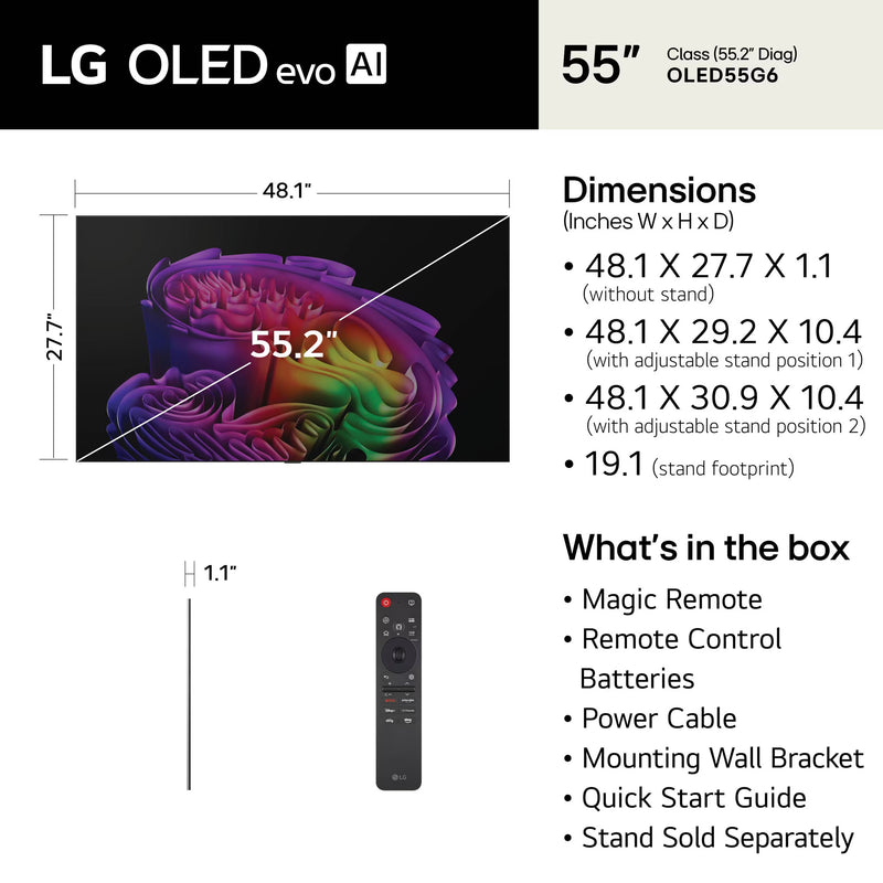 LG 55" Class OLED evo AI G6 4K Smart TV 2026 with Supplied Flush Wall Mount (OLED55G6WUA)
