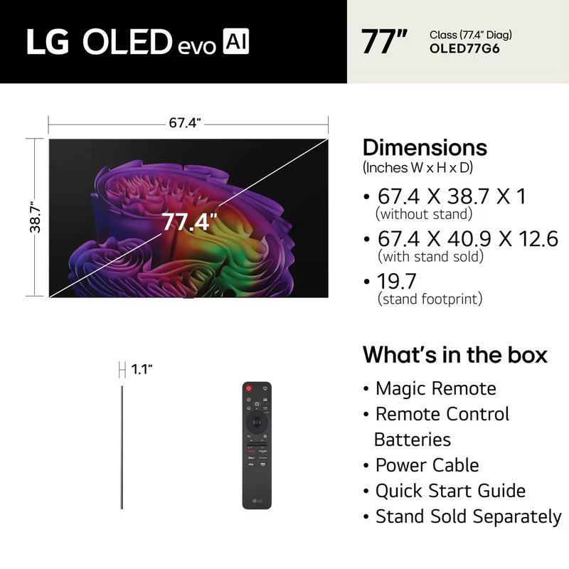LG 77" Class OLED evo AI G6 4K Smart TV 2026 with Supplied Flush Wall Mount (OLED77G6WUA)