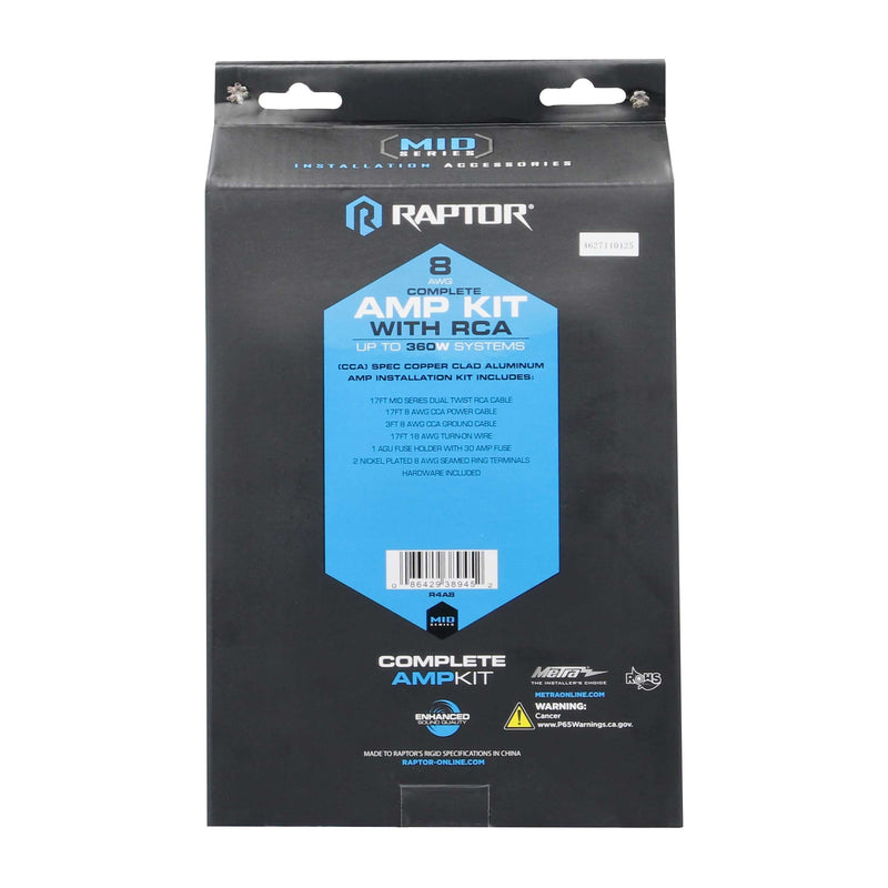 Raptor R4A8 MID SERIES 360W 8 AWG Amp Kit Spec Copper Clad Aluminum with RCA Cable