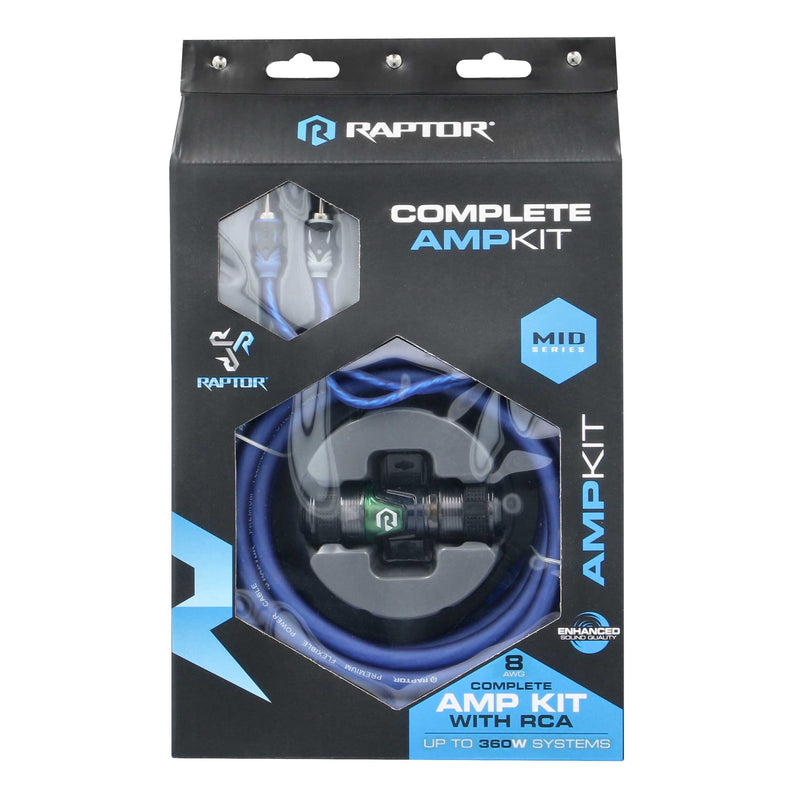 Raptor R4A8 MID SERIES 360W 8 AWG Amp Kit Spec Copper Clad Aluminum with RCA Cable
