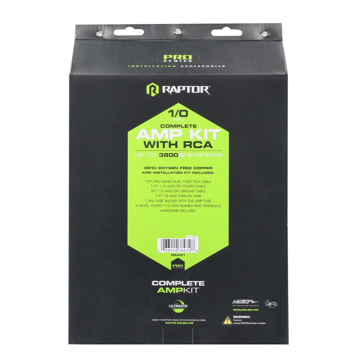 Raptor R5A01 PRO SERIES - 3800W 1/0 AWG Amplifier Installation Kit with RCA Cable