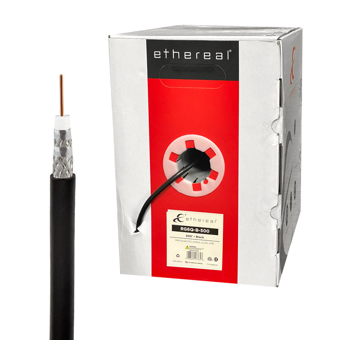 500ft RG6 CCS Quad-Shield CMR CL2 Rated 18 AWG ETL Listed Coaxial Cable Pull Box Black