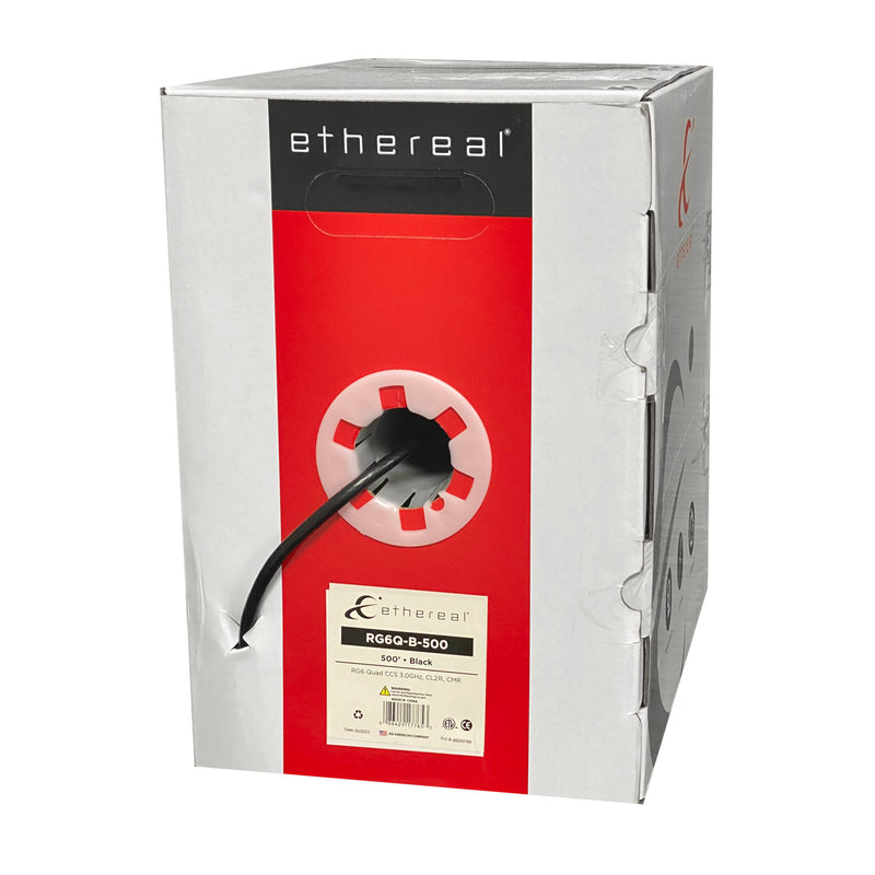 500ft RG6 CCS Quad-Shield CMR CL2 Rated 18 AWG ETL Listed Coaxial Cable Pull Box Black