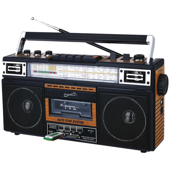 SuperSonic SC-3201BT 4 Band Radio & Bluetooth Speaker with Cassette to MP3 Converter