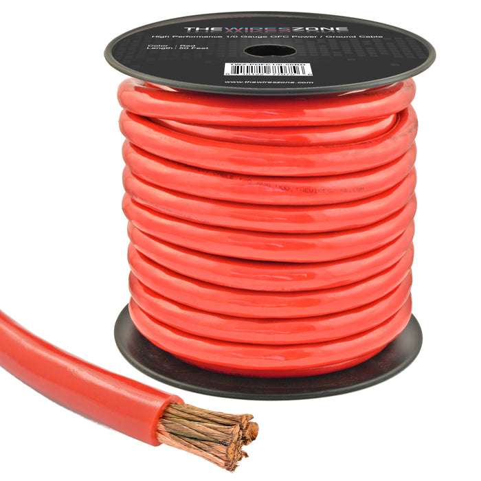 1/0 Gauge 50ft OFC Power Cable Oxygen-Free Copper Ground Wire Red