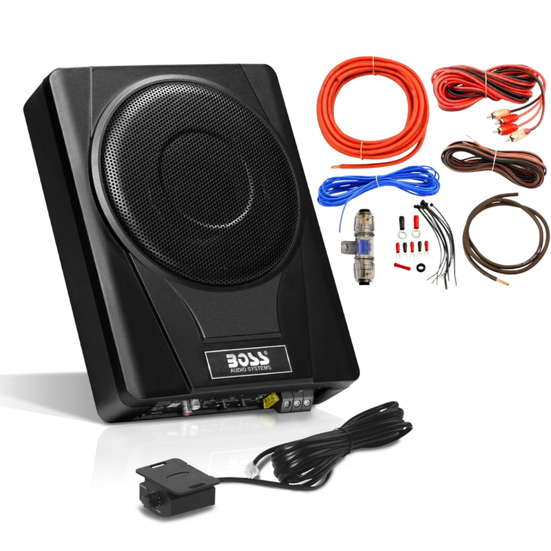 BOSS Audio BASS8 Low Profile Under Seat Powered Car Subwoofer and Install Bay AK8OFC 8 Gauge OFC Complete Amplifier Installation Kit