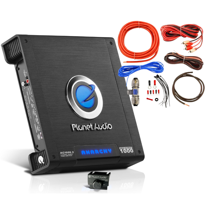 Planet Audio AC1000.2 MOSFET Power Class A/B Car Amplifier and Install Bay AK8OFC 8 Gauge OFC Complete Amplifier Installation Kit